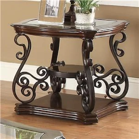 End Table with Tempered Glass Top & Ornate Metal Scrollwork